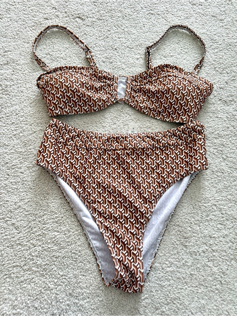 Brown Geo Print High-Waist Bikini Set
